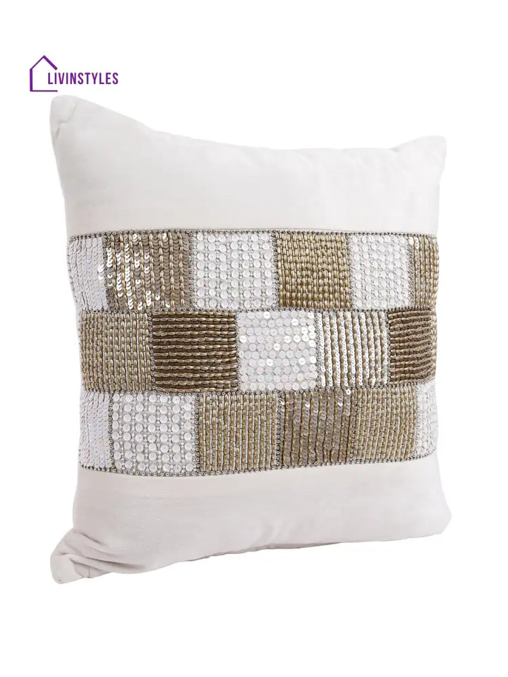 Eyda Velvet Ivory Color Beaded Cushion Cover Set Of 2-18X18 Inch