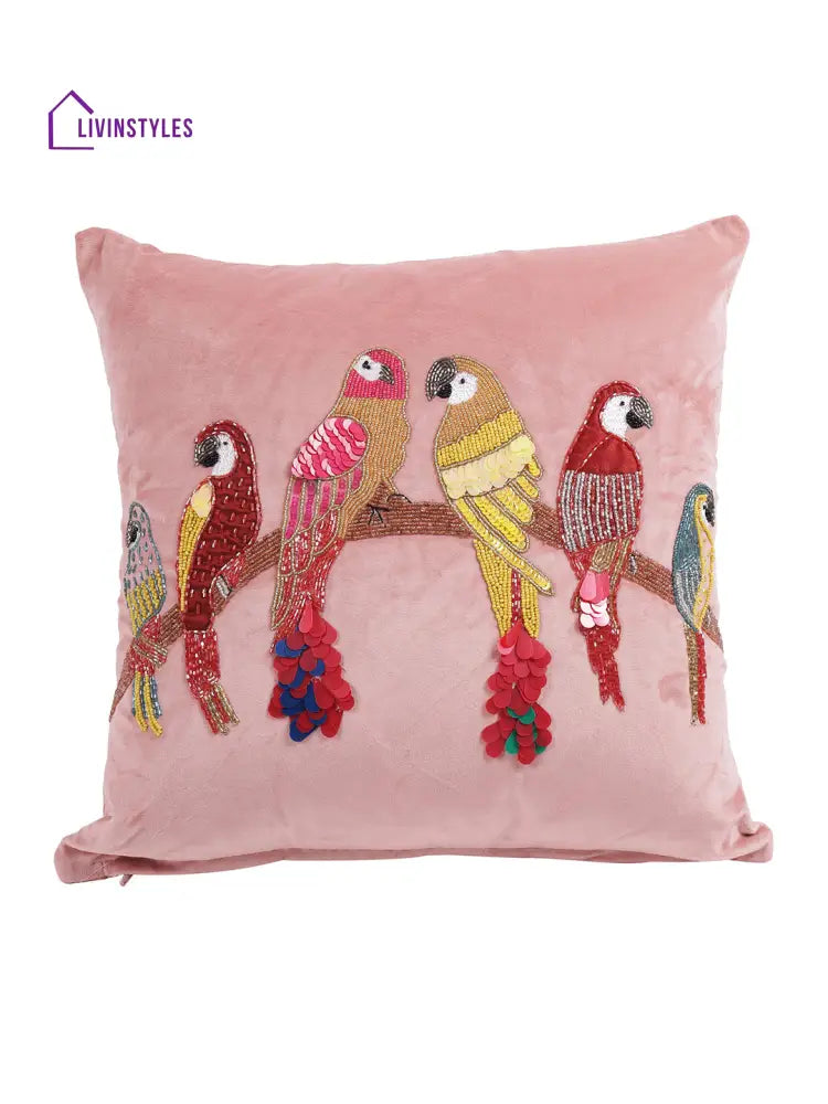 Eyda Velvet Peach Color Beaded Sequin Cushion Cover Set Of 2-18X18 Inch