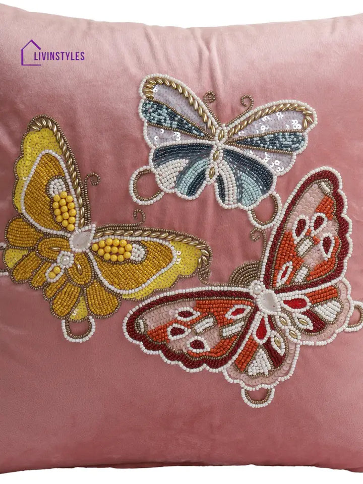 Eyda Velvet Pink Color Beaded Sequin Set Of 2 Cushion Cover-18X18 Inch