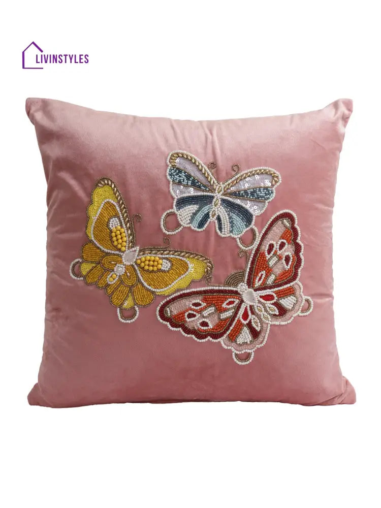 Eyda Velvet Pink Color Beaded Sequin Set Of 2 Cushion Cover-18X18 Inch