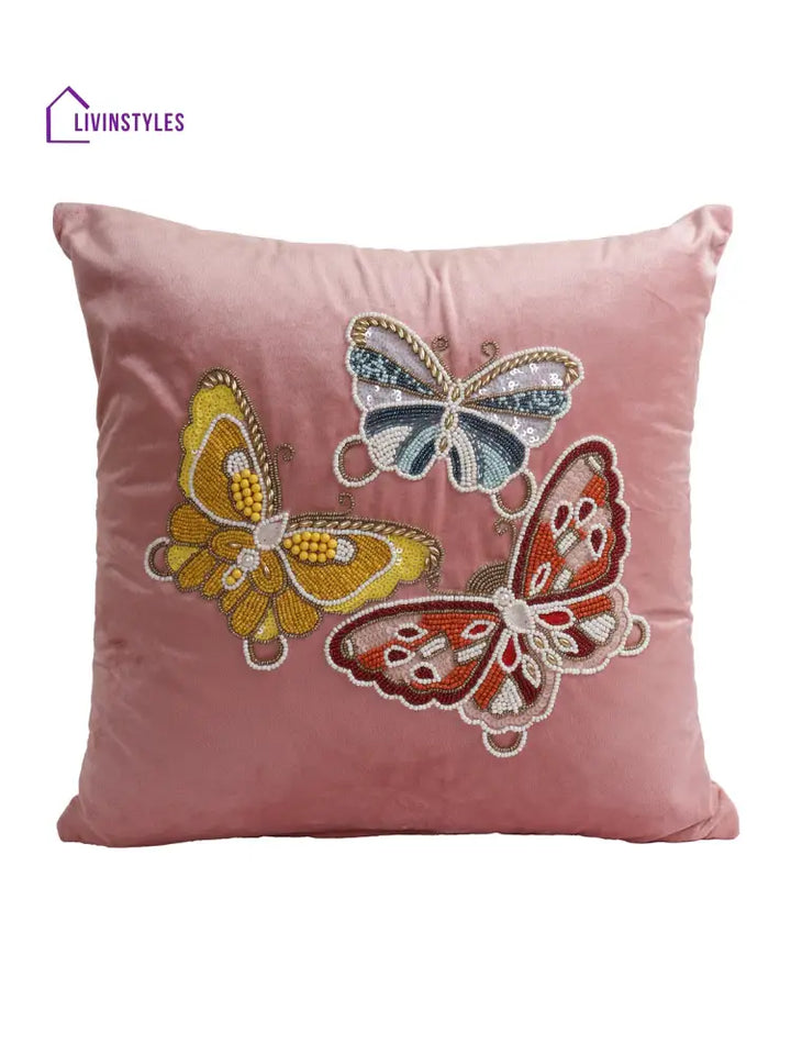 Eyda Velvet Pink Color Beaded Sequin Set Of 2 Cushion Cover-18X18 Inch