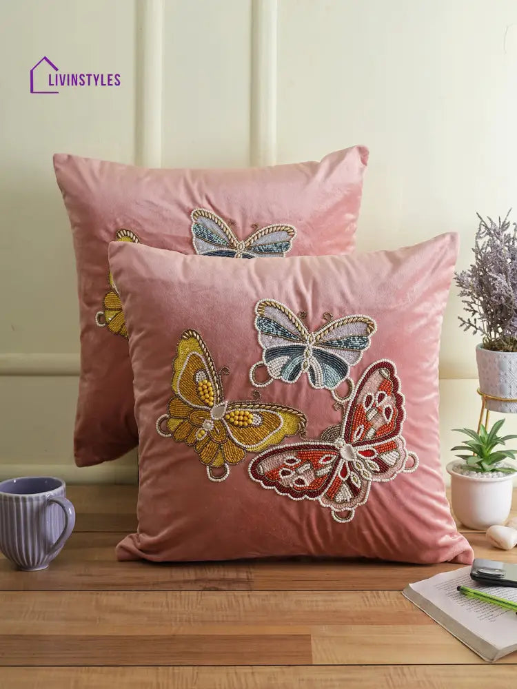 Eyda Velvet Pink Color Beaded Sequin Set Of 2 Cushion Cover-18X18 Inch