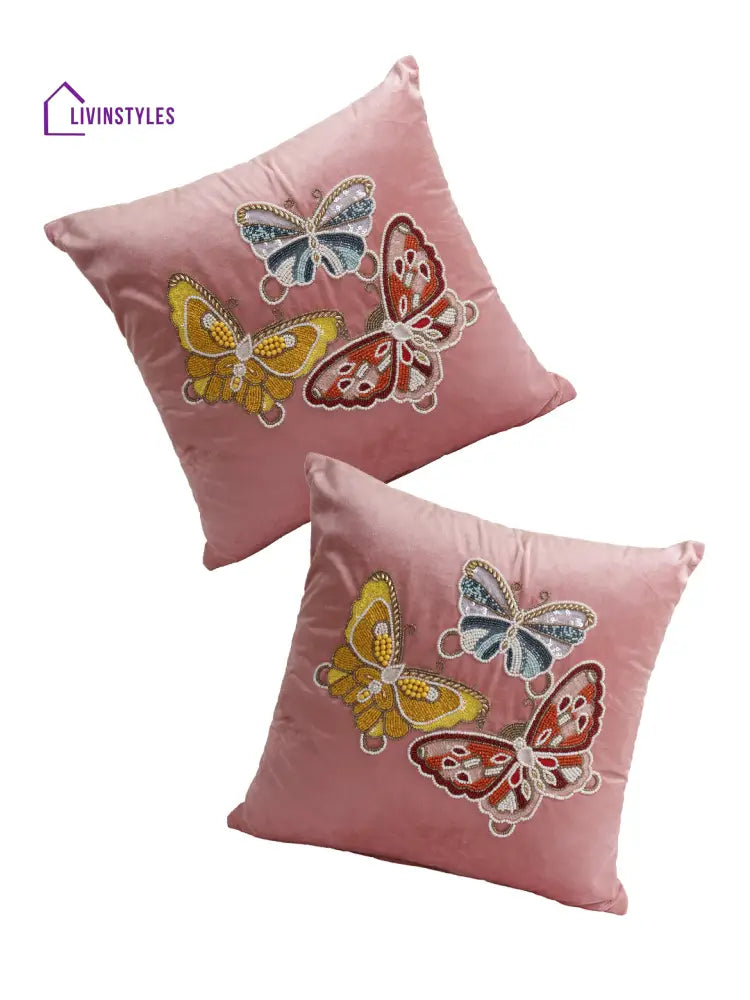 Eyda Velvet Pink Color Beaded Sequin Set Of 2 Cushion Cover-18X18 Inch