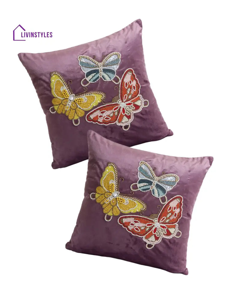 Eyda Velvet Purple Color Beaded Sequin Set Of 2 Cushion Cover-18X18 Inch