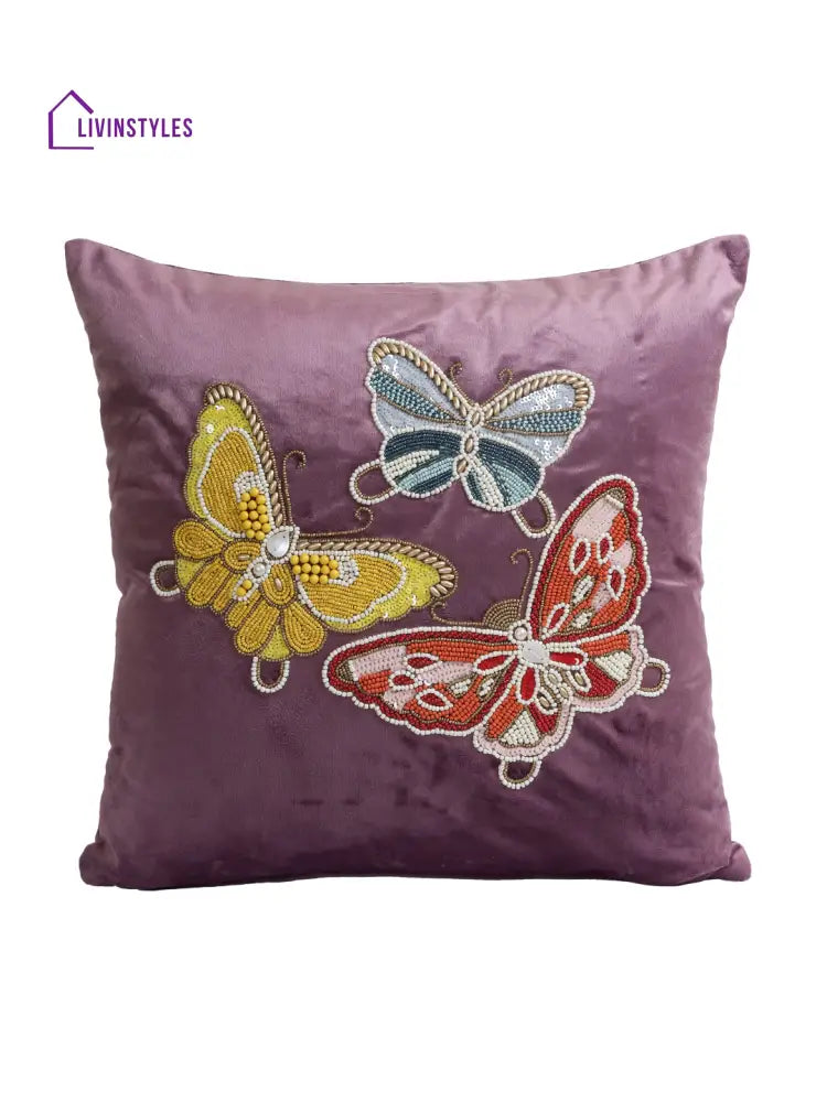 Eyda Velvet Purple Color Beaded Sequin Set Of 2 Cushion Cover-18X18 Inch