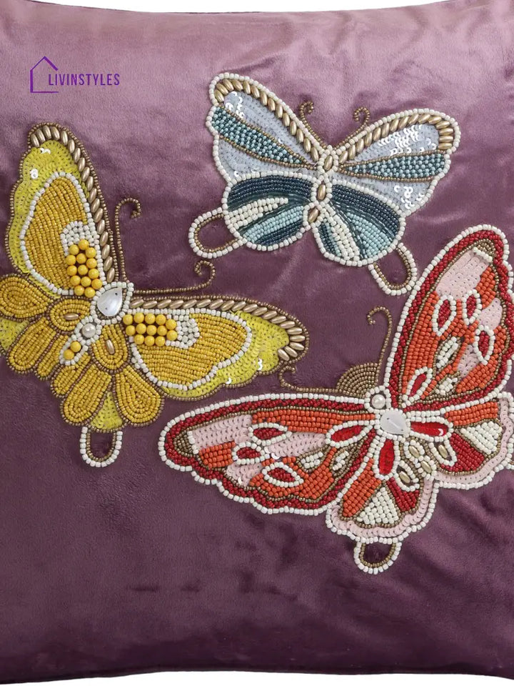 Eyda Velvet Purple Color Beaded Sequin Set Of 2 Cushion Cover-18X18 Inch