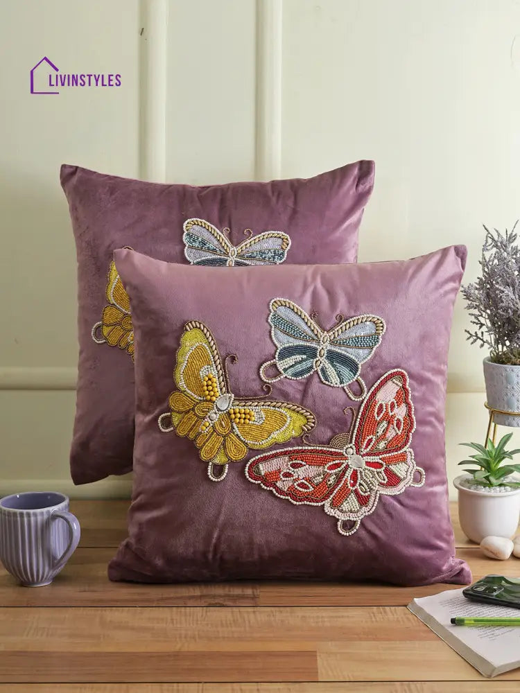 Eyda Velvet Purple Color Beaded Sequin Set Of 2 Cushion Cover-18X18 Inch