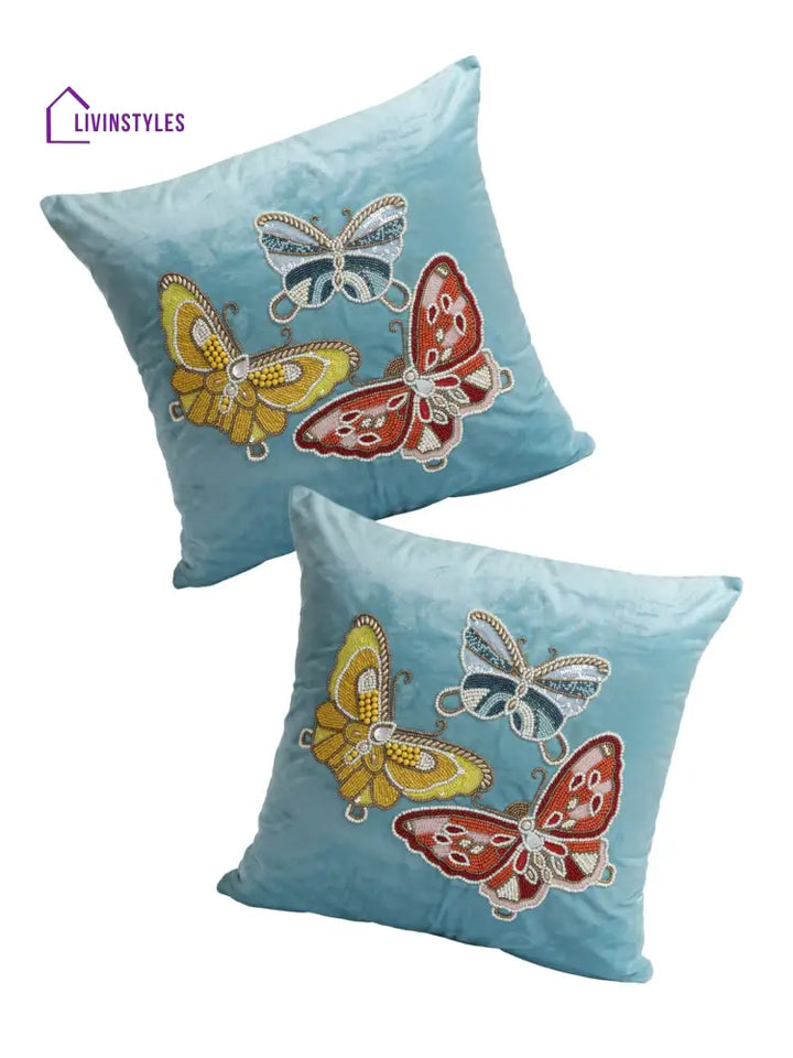 Eyda Velvet Turquoise Blue Color Beaded Sequin Set Of 2 Cushion Cover-18X18 Inch
