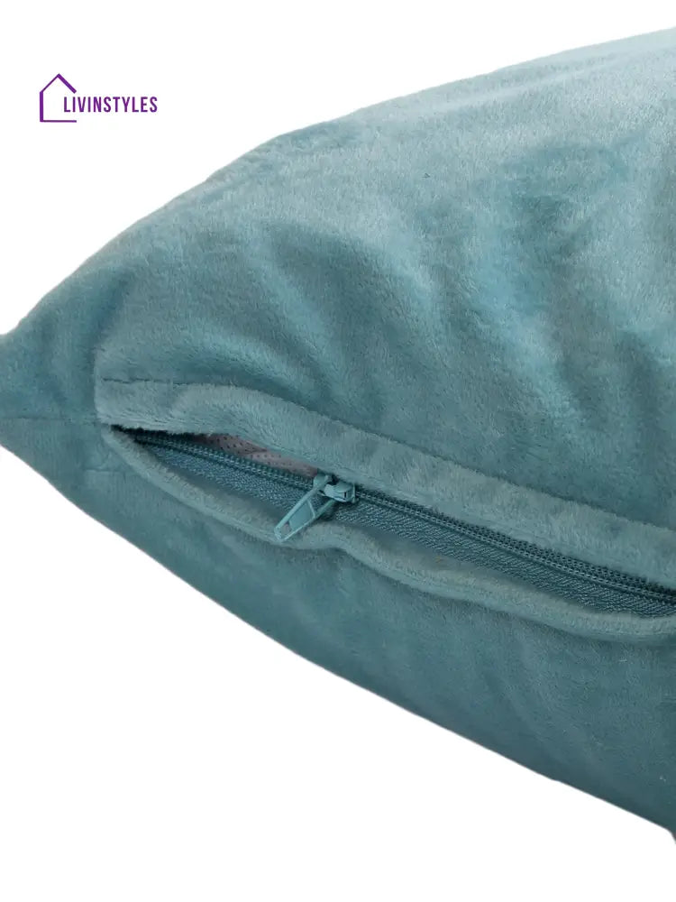 Eyda Velvet Turquoise Blue Color Beaded Sequin Set Of 2 Cushion Cover-18X18 Inch