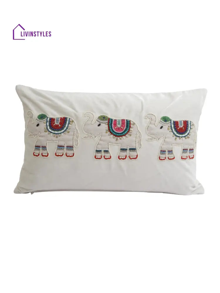Eyda Velvet White Color Beaded Sequin Set Of 2 Cushion Cover-12X20 Inch
