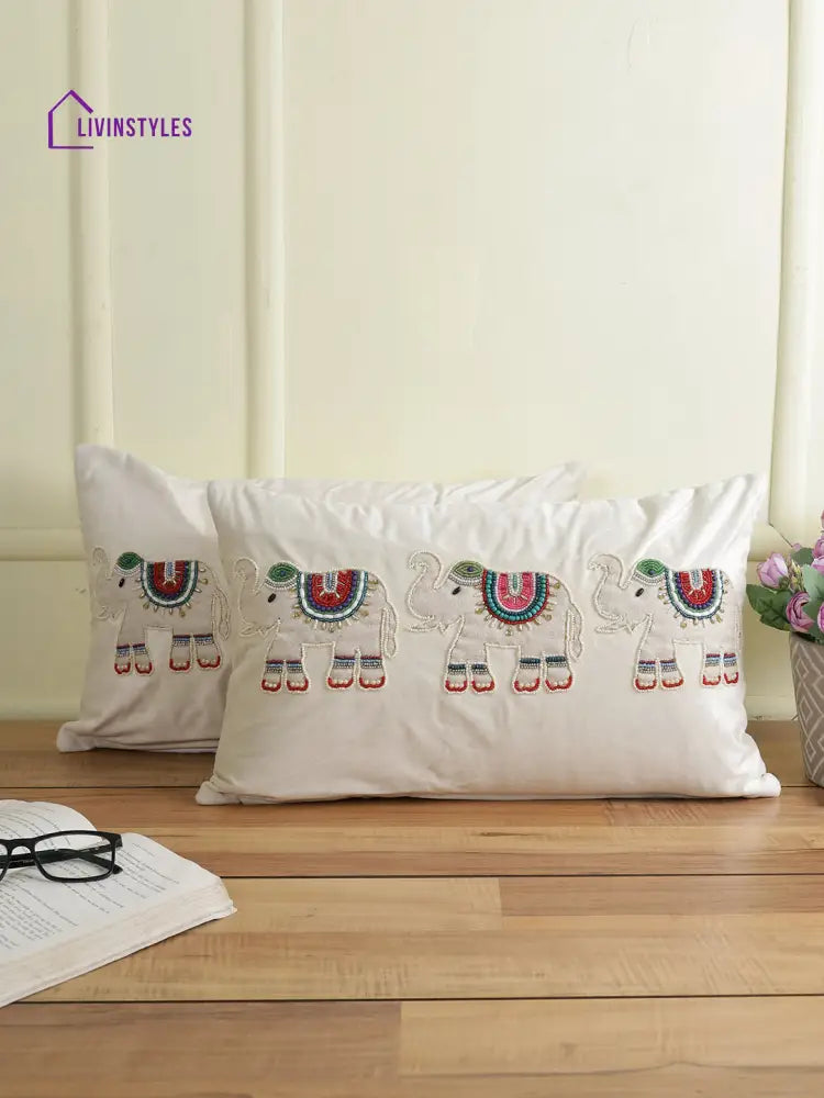 Eyda Velvet White Color Beaded Sequin Set Of 2 Cushion Cover-12X20 Inch
