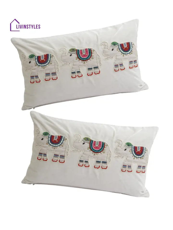Eyda Velvet White Color Beaded Sequin Set Of 2 Cushion Cover-12X20 Inch