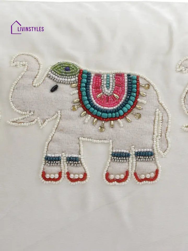 Eyda Velvet White Color Beaded Sequin Set Of 2 Cushion Cover-12X20 Inch