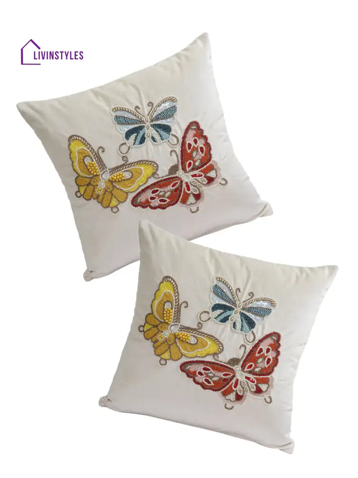 Eyda Velvet White Color Beaded Sequin Set Of 2 Cushion Cover-18X18 Inch