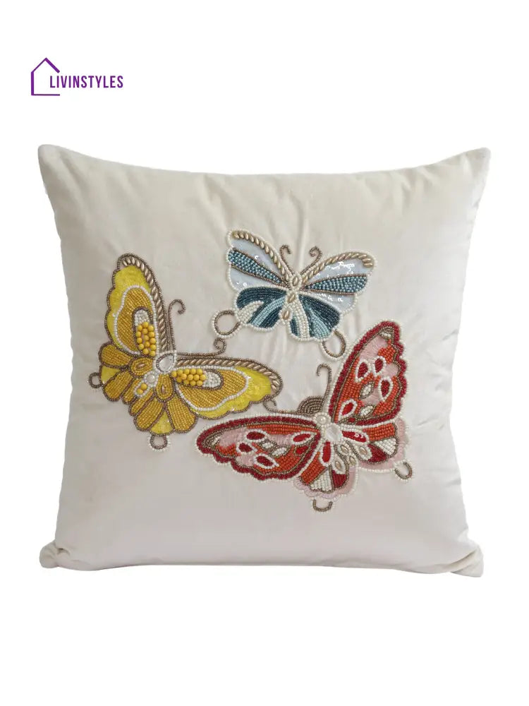 Eyda Velvet White Color Beaded Sequin Set Of 2 Cushion Cover-18X18 Inch
