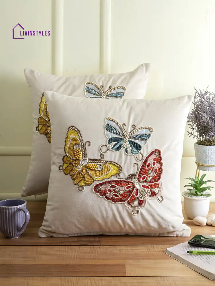 Eyda Velvet White Color Beaded Sequin Set Of 2 Cushion Cover-18X18 Inch