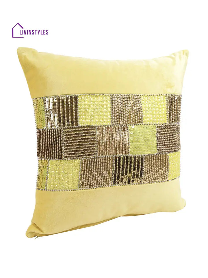 Eyda Velvet Yellow Color Beaded Cushion Cover Set Of 2-18X18 Inch