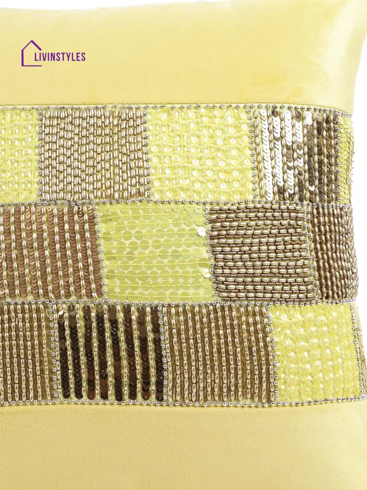 Eyda Velvet Yellow Color Beaded Cushion Cover Set Of 2-18X18 Inch