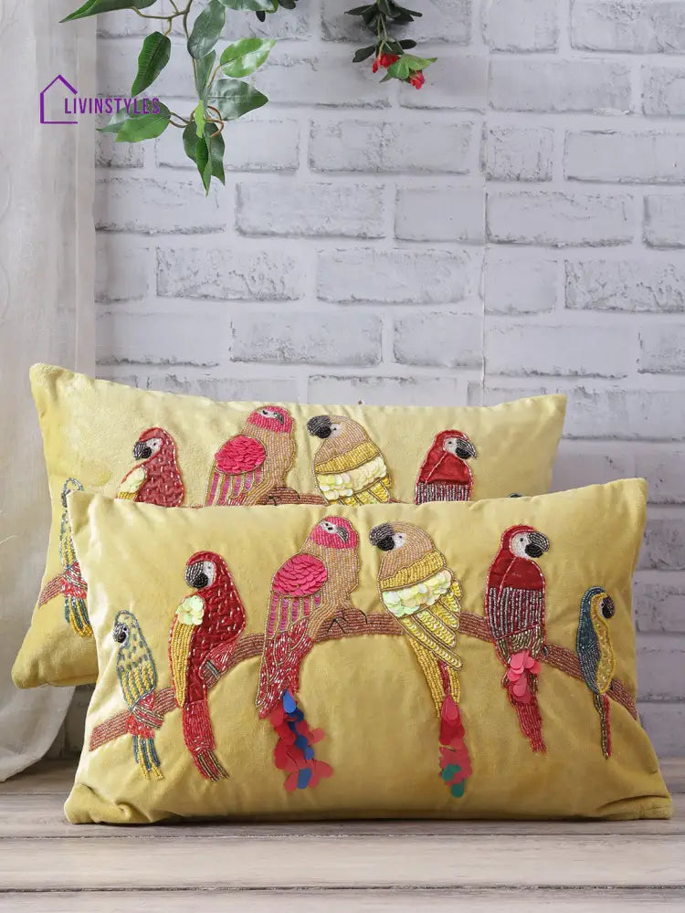 Eyda Velvet Yellow Color Beaded Sequin Cushion Cover Set Of 2-12X20 Inch