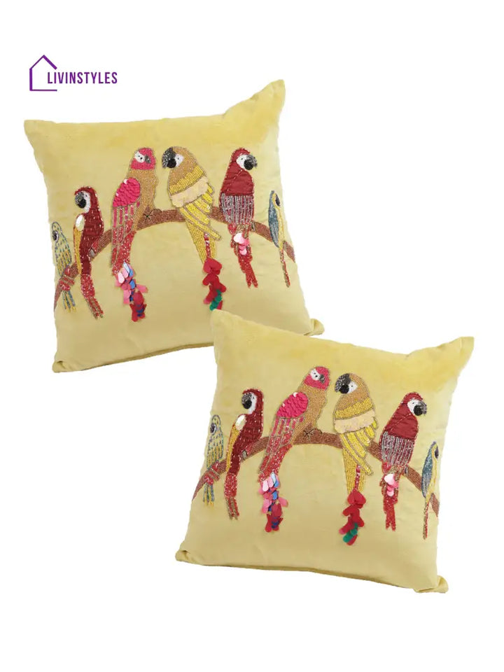 Eyda Velvet Yellow Color Beaded Sequin Cushion Cover Set Of 2-18X18 Inch
