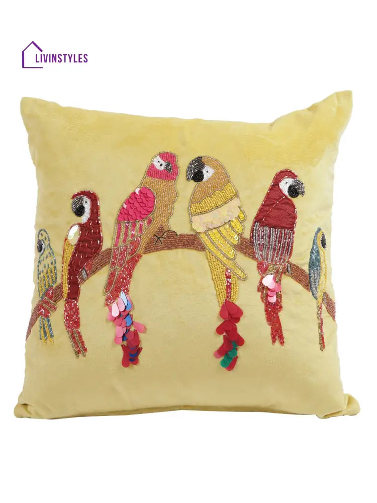 Eyda Velvet Yellow Color Beaded Sequin Cushion Cover Set Of 2-18X18 Inch