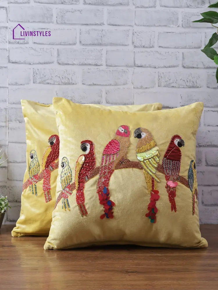 Eyda Velvet Yellow Color Beaded Sequin Cushion Cover Set Of 2-18X18 Inch