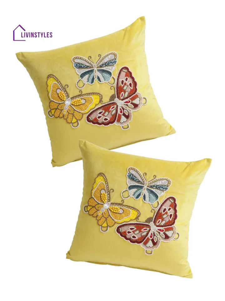 Eyda Velvet Yellow Color Beaded Sequin Set Of 2 Cushion Cover-18X18 Inch