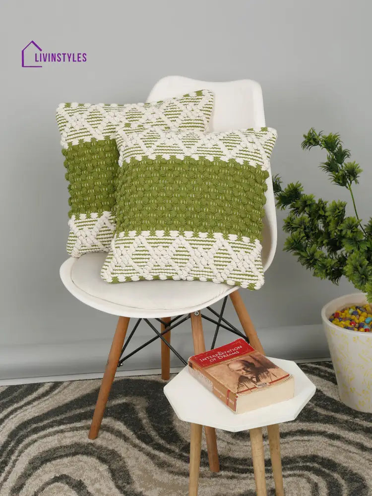 Eyda White & Green Cotton Hand Woven Cushion Cover Set Of 2