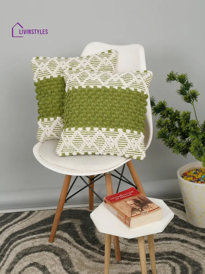 Eyda White & Green Cotton Hand Woven Cushion Cover Set Of 2