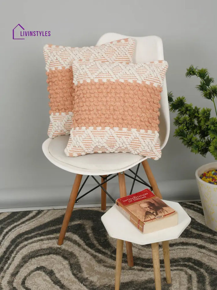 Eyda White & Peach Cotton Hand Woven Cushion Cover Set Of 2