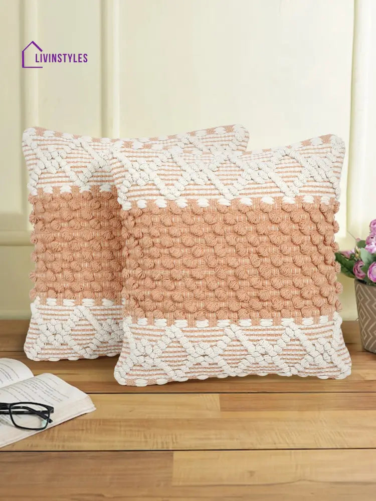 Eyda White & Peach Cotton Hand Woven Cushion Cover Set Of 2