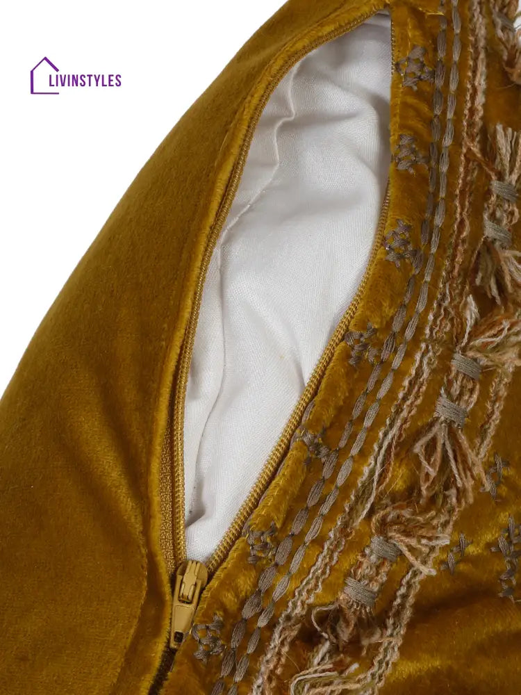 Eyda Yellow Color Embroidered Velvet Cushion Covers Set Of 2 - 18X18 Inch