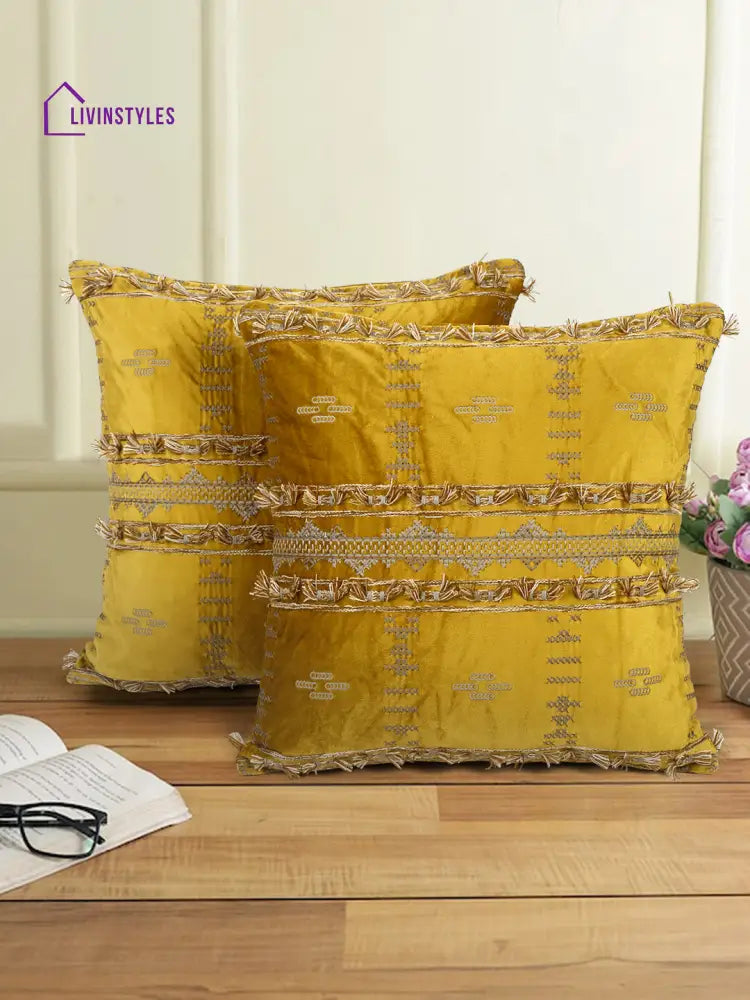 Eyda Yellow Color Embroidered Velvet Cushion Covers Set Of 2 - 18X18 Inch