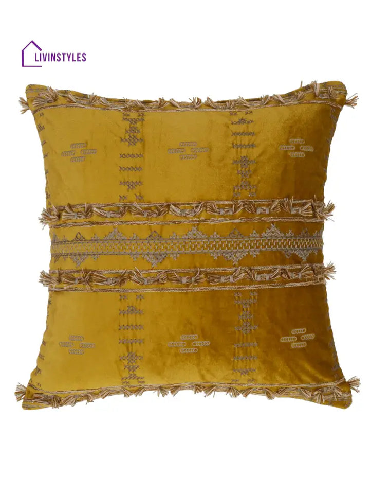 Eyda Yellow Color Embroidered Velvet Cushion Covers Set Of 2 - 18X18 Inch