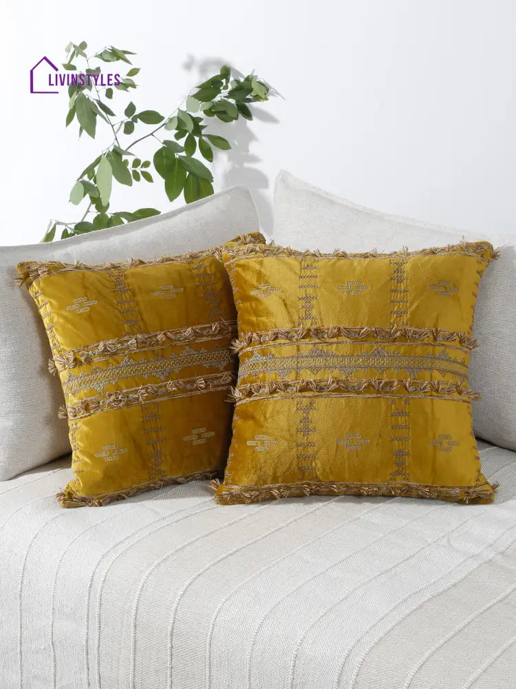Eyda Yellow Color Embroidered Velvet Cushion Covers Set Of 2 - 18X18 Inch