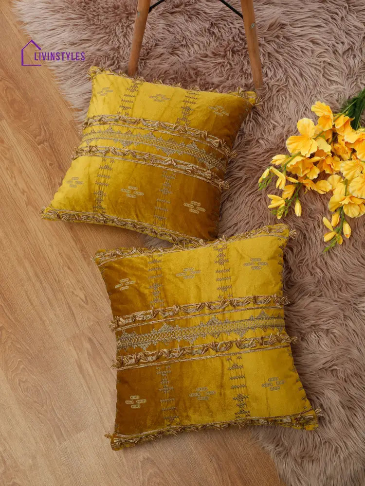 Eyda Yellow Color Embroidered Velvet Cushion Covers Set Of 2 - 18X18 Inch