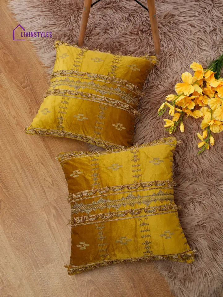Eyda Yellow Color Embroidered Velvet Cushion Covers Set Of 2 - 18X18 Inch