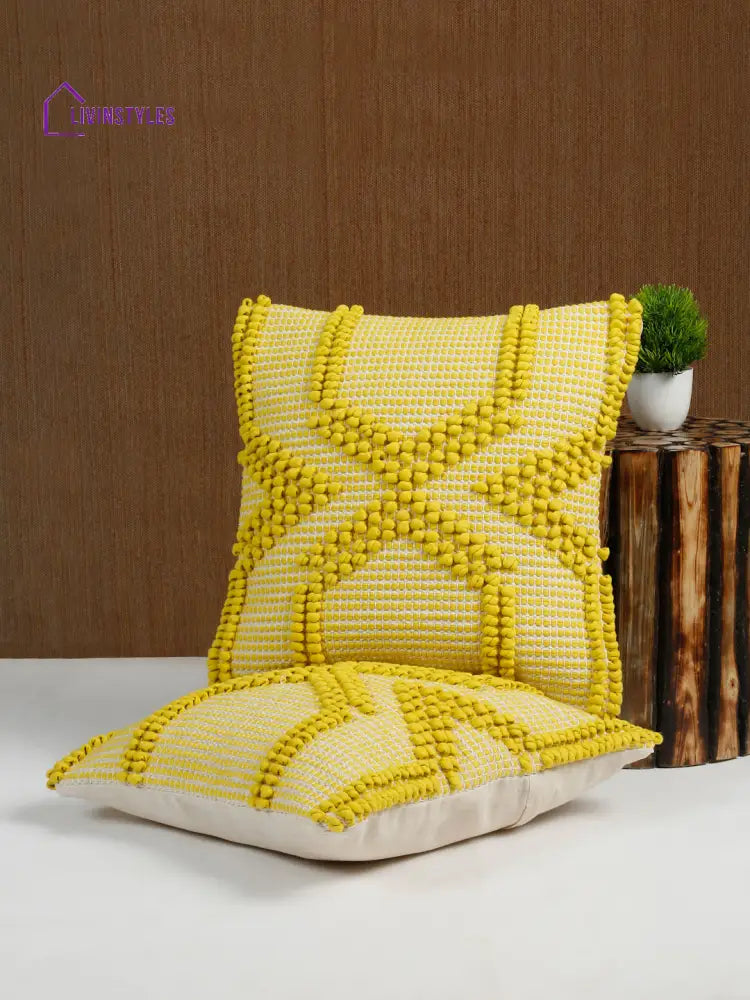 Eyda Yellow Cotton Hand Woven Cushion Cover Set Of 2