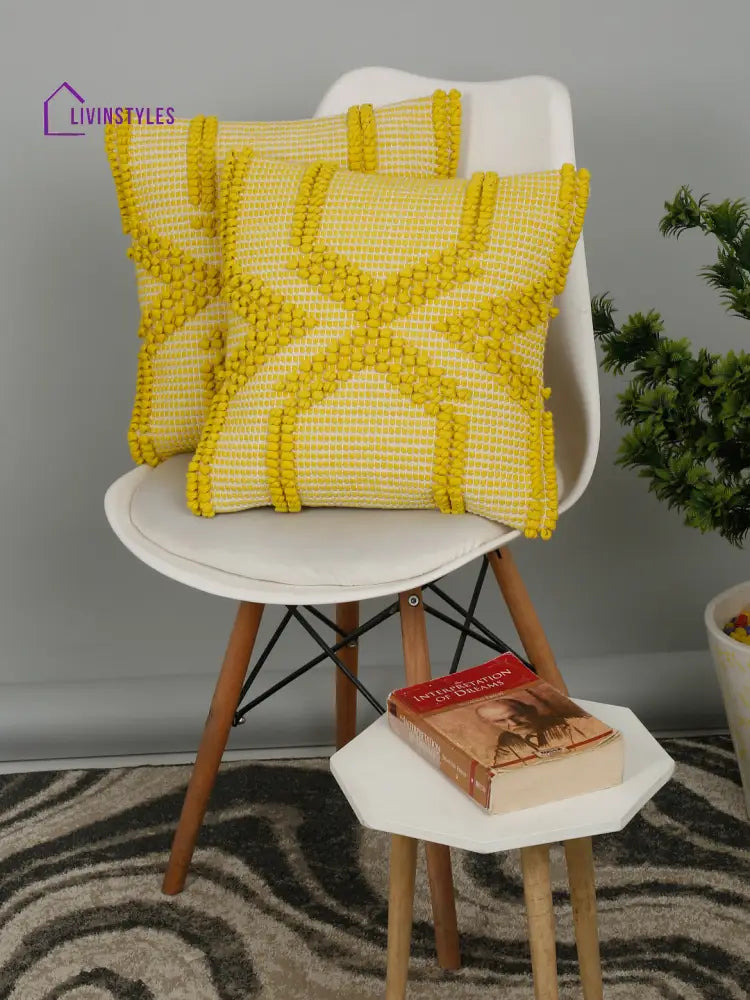 Eyda Yellow Cotton Hand Woven Cushion Cover Set Of 2