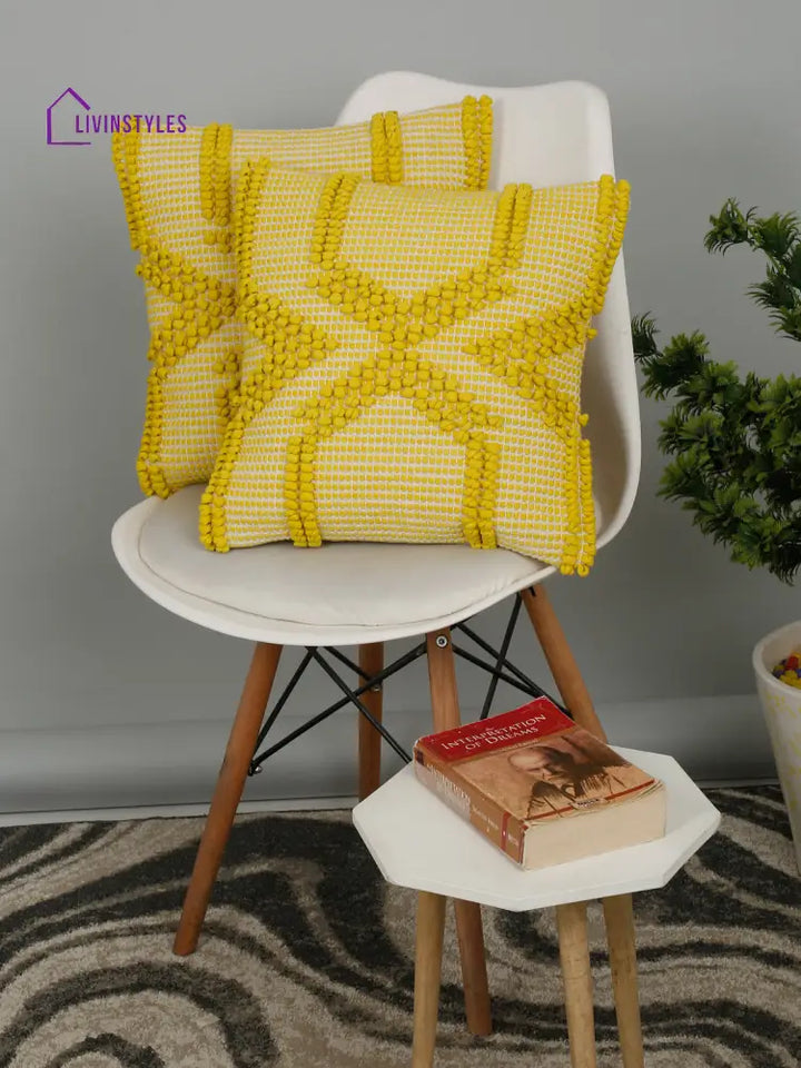 Eyda Yellow Cotton Hand Woven Cushion Cover Set Of 2