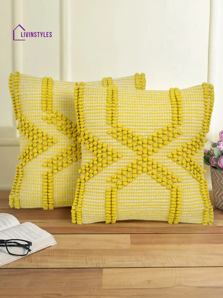 Eyda Yellow Cotton Hand Woven Cushion Cover Set Of 2