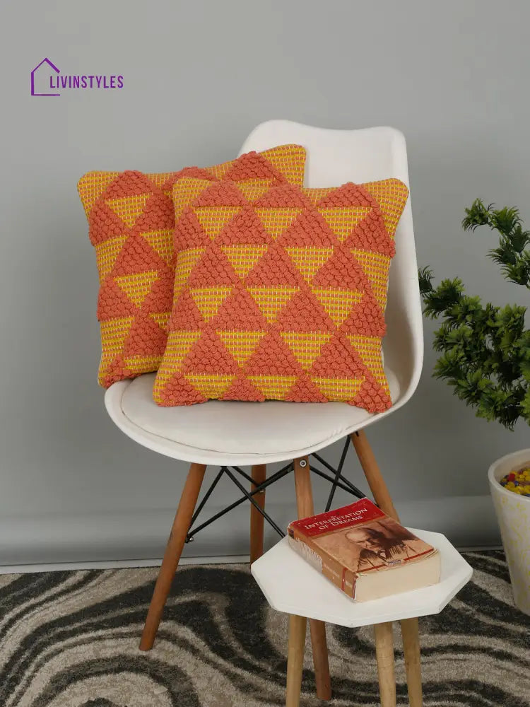 Eyda Yellow & Peach Cotton Hand Woven Cushion Cover Set Of 2