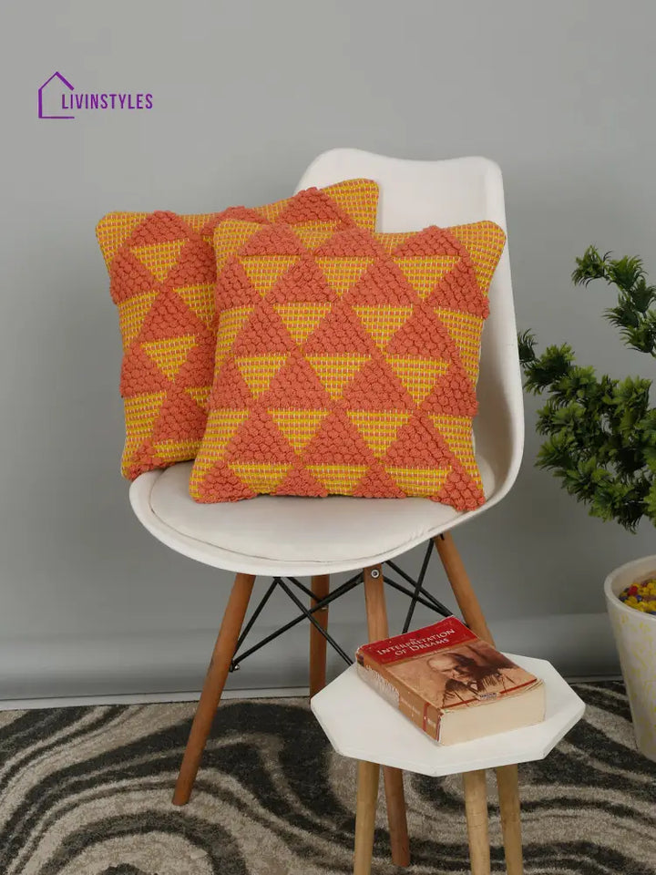 Eyda Yellow & Peach Cotton Hand Woven Cushion Cover Set Of 2