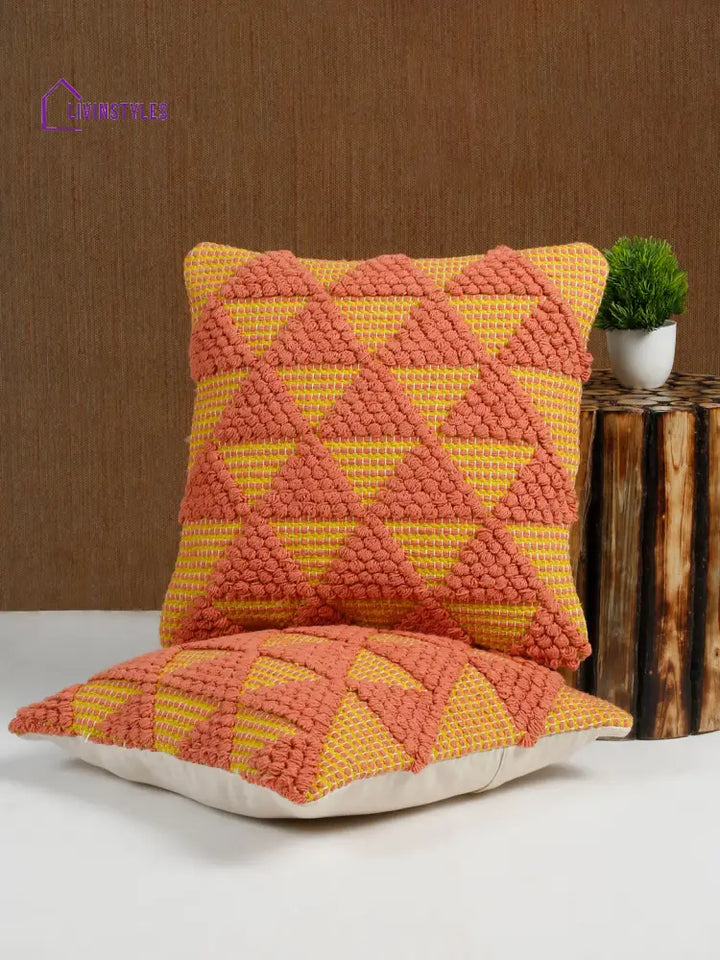 Eyda Yellow & Peach Cotton Hand Woven Cushion Cover Set Of 2