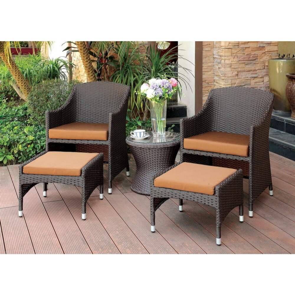 Ava Outdoor Patio Seating Set 2 Chairs 2 Ottoman and Table Set (Dark Brown)