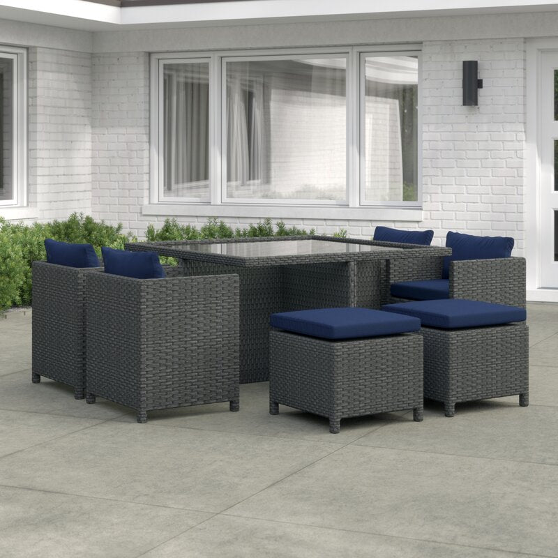 Teodoro Outdoor Patio Dining Set 4 Chairs, 4 Ottoman and 1 Table (﻿Grey)