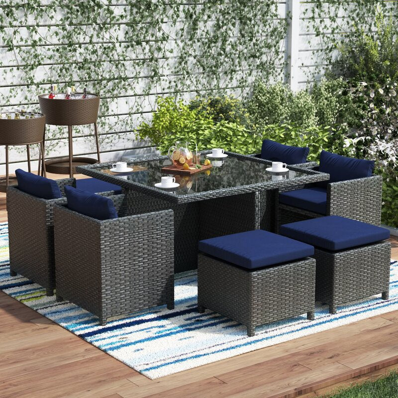 Teodoro Outdoor Patio Dining Set 4 Chairs, 4 Ottoman and 1 Table (﻿Grey)