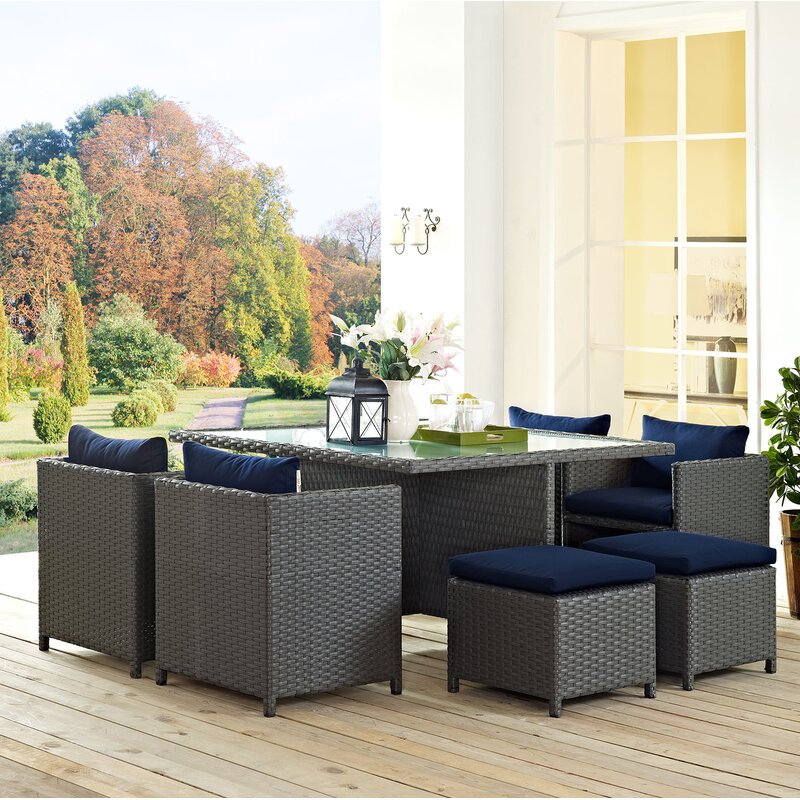 Teodoro Outdoor Patio Dining Set 4 Chairs, 4 Ottoman and 1 Table (﻿Grey)