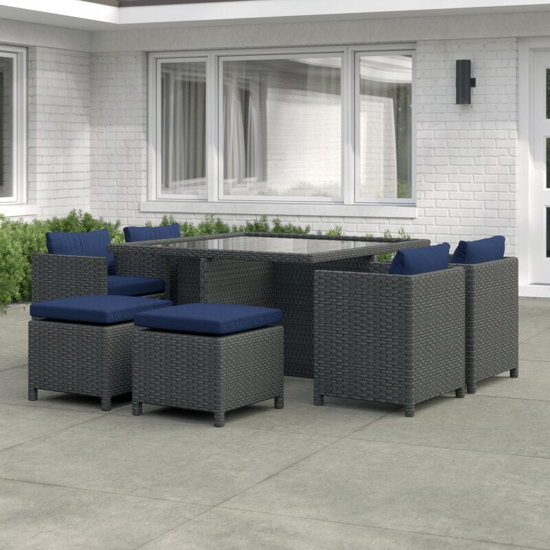 Teodoro Outdoor Patio Dining Set 4 Chairs, 4 Ottoman and 1 Table (﻿Grey)