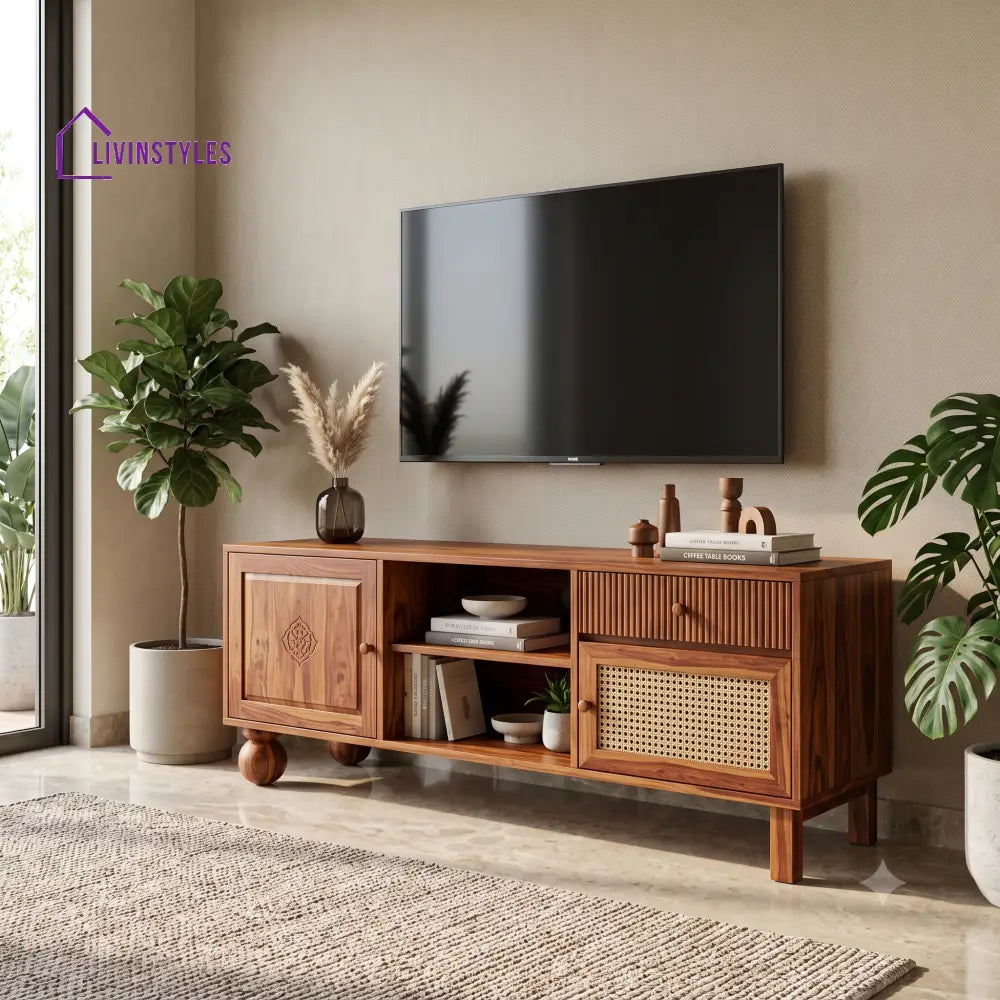 Ezhil Sheesham Wood TV Console With Spacious Storage Shelves